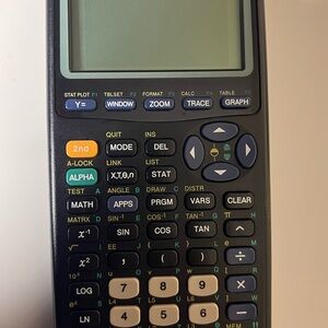 Texas Instruments TI-83 Plus Graphing Calculator in Black and Blue.